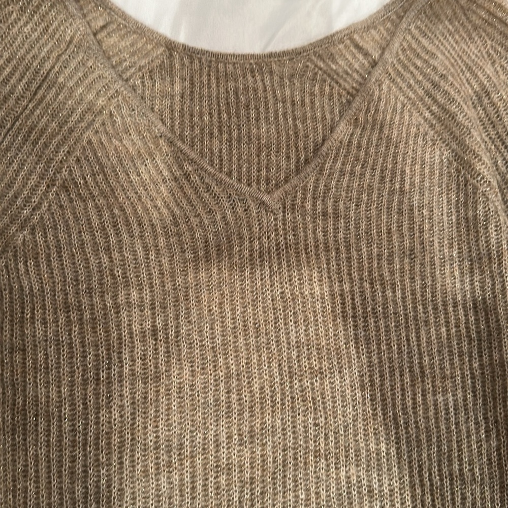 Club Monaco mohair-blend sweater. Color → taupe with gold shimmer. Off shoulder,